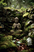 Steingestattü Sitzende Person Meditative Haltung Umgeben Von Moos Und Felsen | Spirituelle Motive und Buddha | Menschen und Emotionen