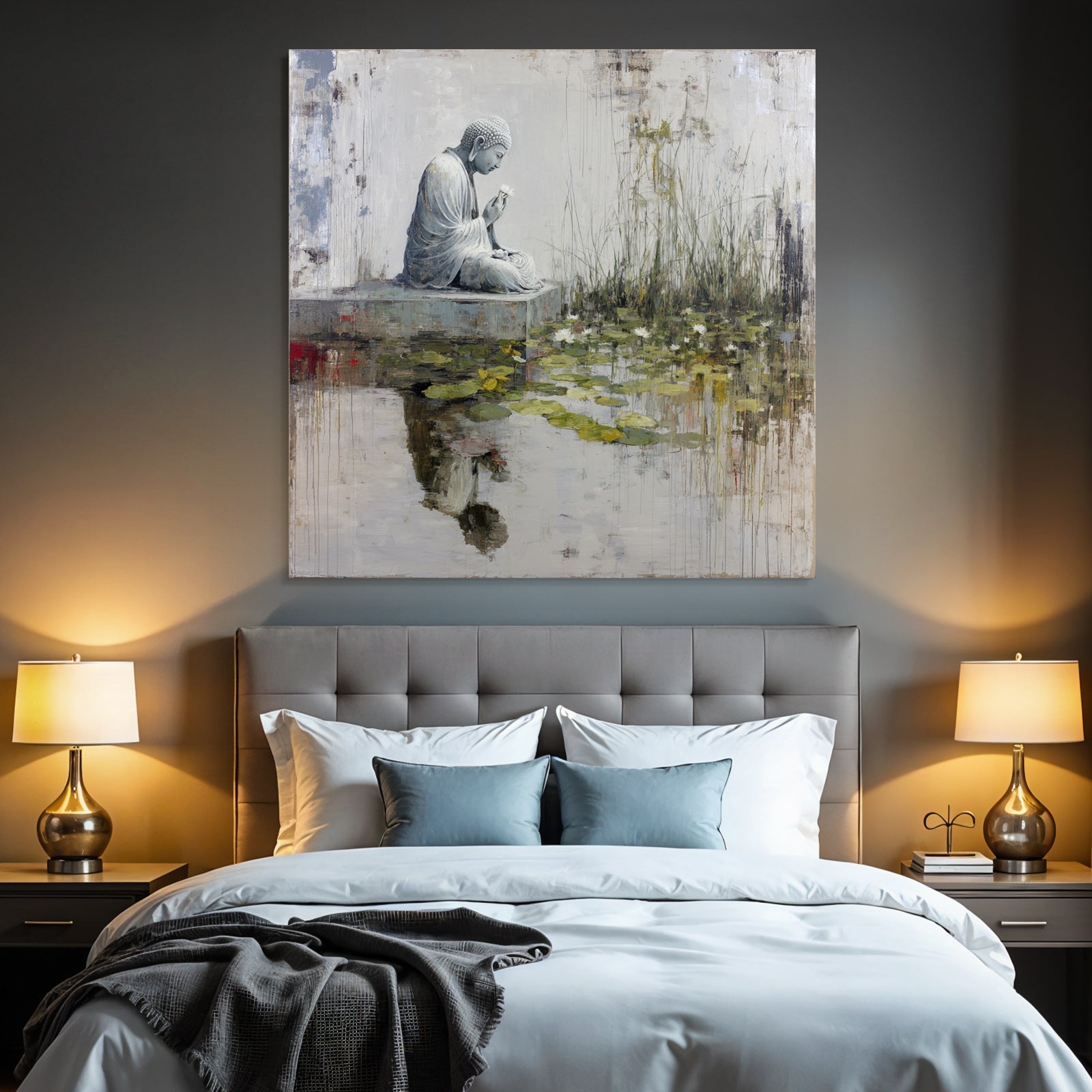 Buddha Mit Blume Auf Steingrund Umgeben Von Wasser Und Seerosen
