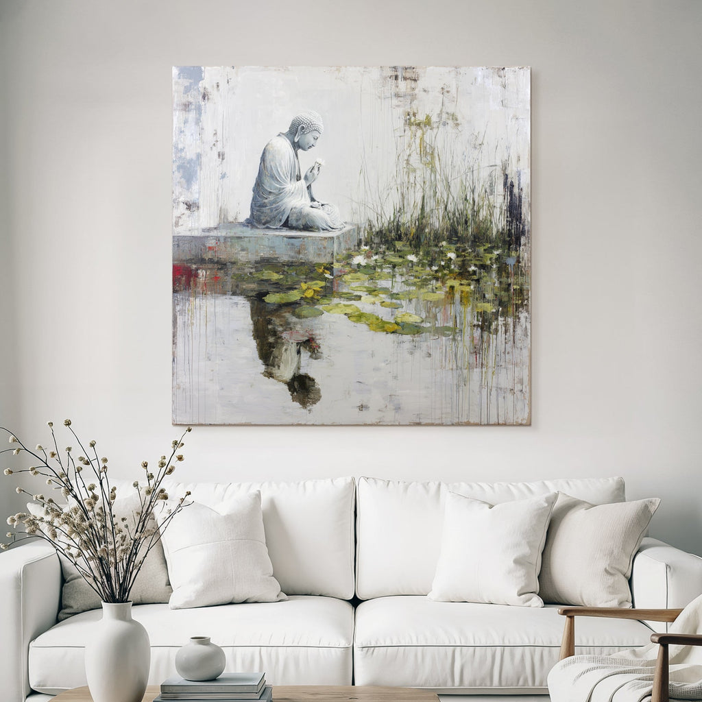 Buddha Mit Blume Auf Steingrund Umgeben Von Wasser Und Seerosen