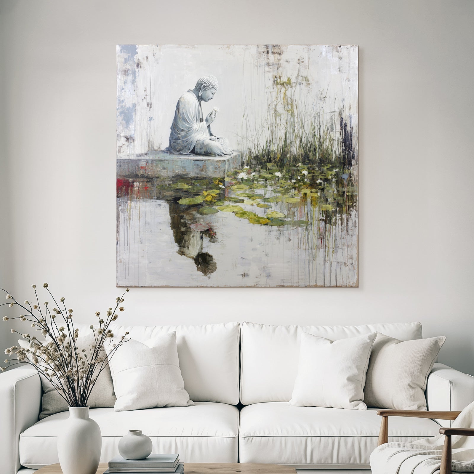 Buddha Mit Blume Auf Steingrund Umgeben Von Wasser Und Seerosen