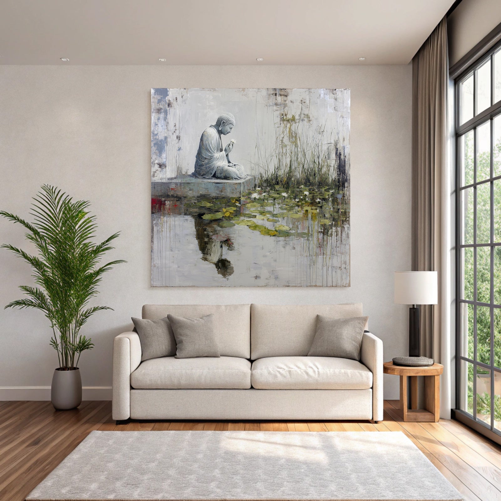 Buddha Mit Blume Auf Steingrund Umgeben Von Wasser Und Seerosen