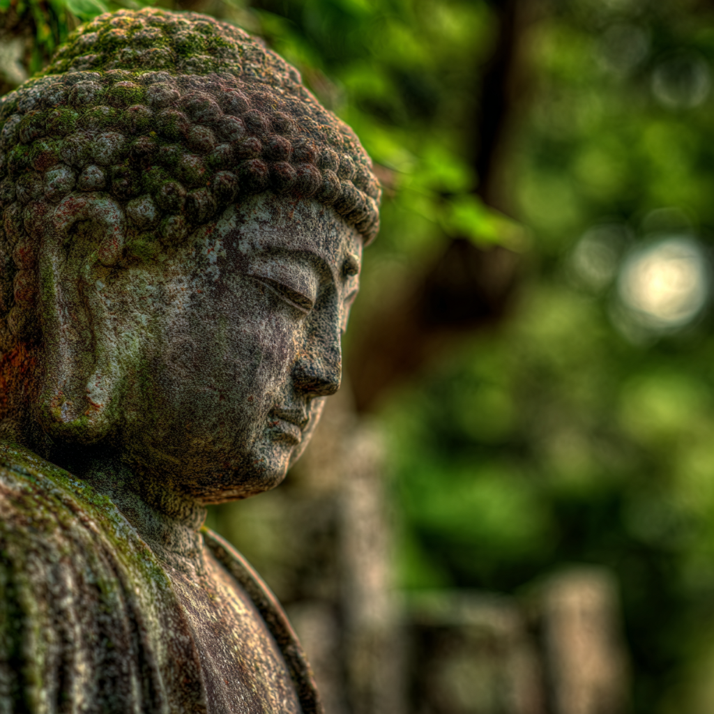 Buddha Statü Im Grünen Mit Alterung Und Ausdrucksstärke | Spirituelle Motive und Buddha | Menschen und Emotionen