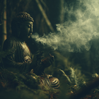 Buddha Statü Umhüllt Von Grün Und Nebelhafte Ruhe | Spirituelle Motive und Buddha | Menschen und Emotionen