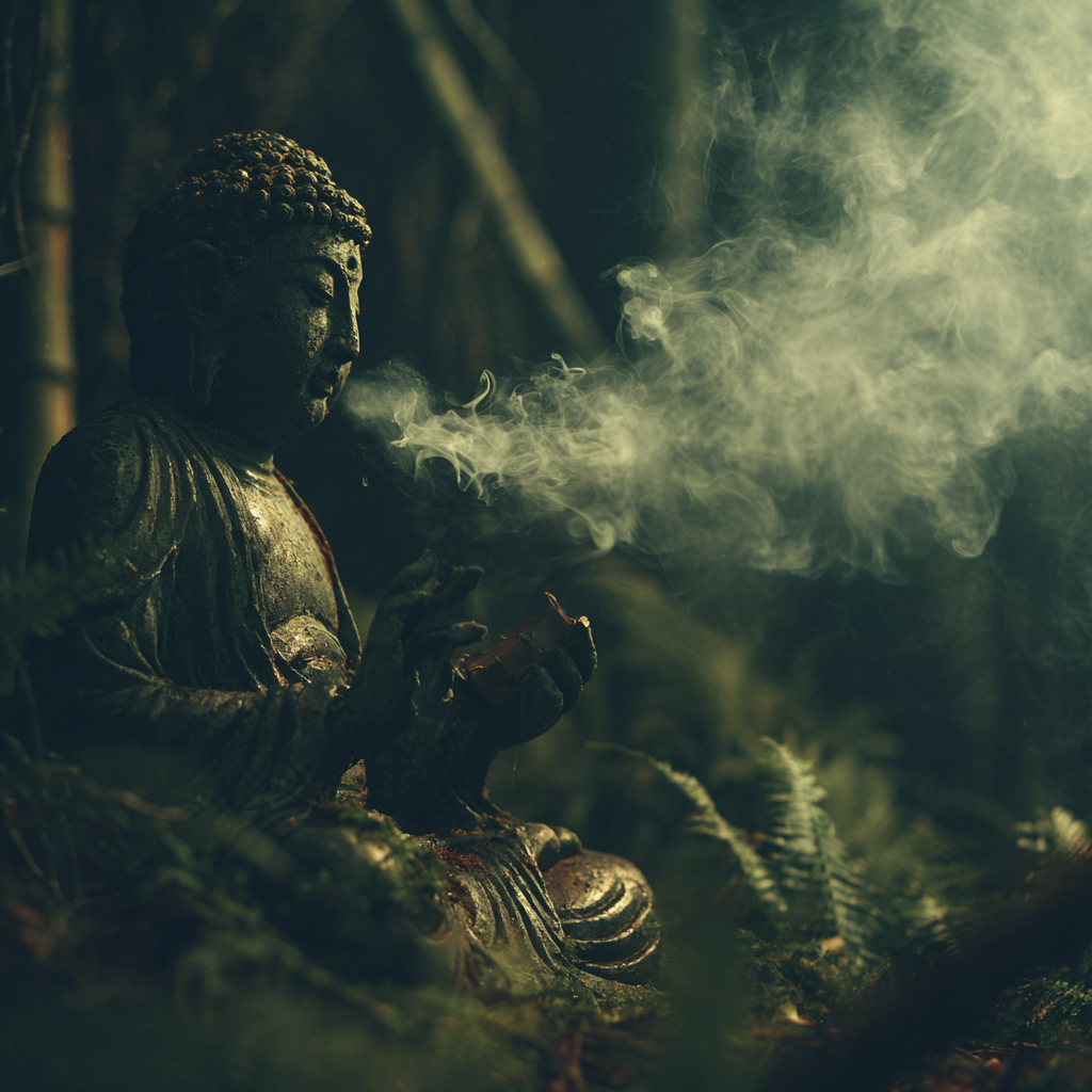 Buddha Statü Umhüllt Von Grün Und Nebelhafte Ruhe | Spirituelle Motive und Buddha | Menschen und Emotionen