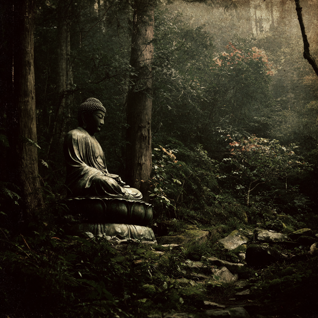 Friedliche Szenen Im Wald Mit Buddhistischem Statün | Spirituelle Motive und Buddha | Menschen und Emotionen