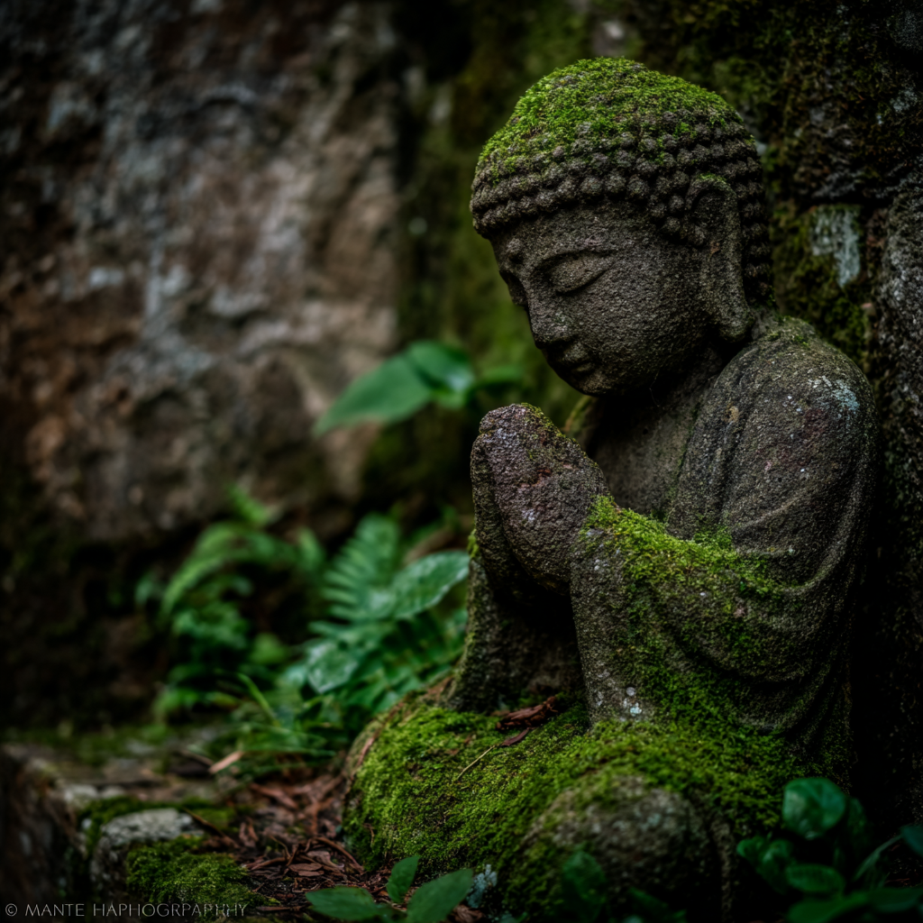 Friedvolle Statü Im Naturlichen Umfeld Mit Moos Bedeckt | Spirituelle Motive und Buddha | Menschen und Emotionen