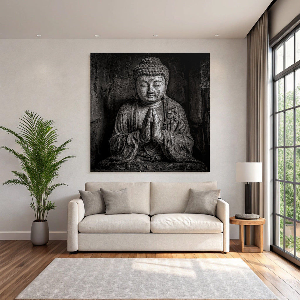 Stehender Buddhistische Statü Pray Position Monochrom
