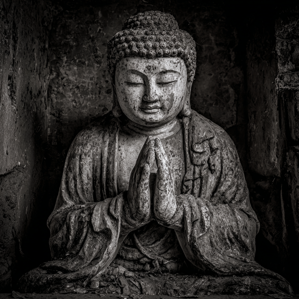 Stehender Buddhistische Statü Pray Position Monochrom | Spirituelle Motive und Buddha | Menschen und Emotionen