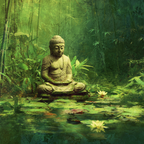 Stein Statü Sitzende Figur Meditation Friedliche Umgebung Mit Seerosen | Spirituelle Motive und Buddha | Menschen und Emotionen