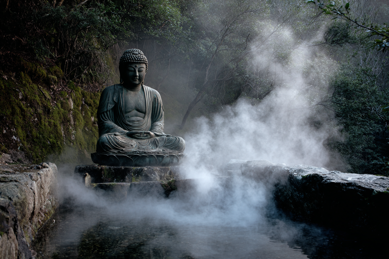 Buddha Statü Im Nebel Umgeben Von Grünem Gelände Ruheloser Meditations Aarbeitsumgebung | Spirituelle Motive und Buddha | Menschen und Emotionen