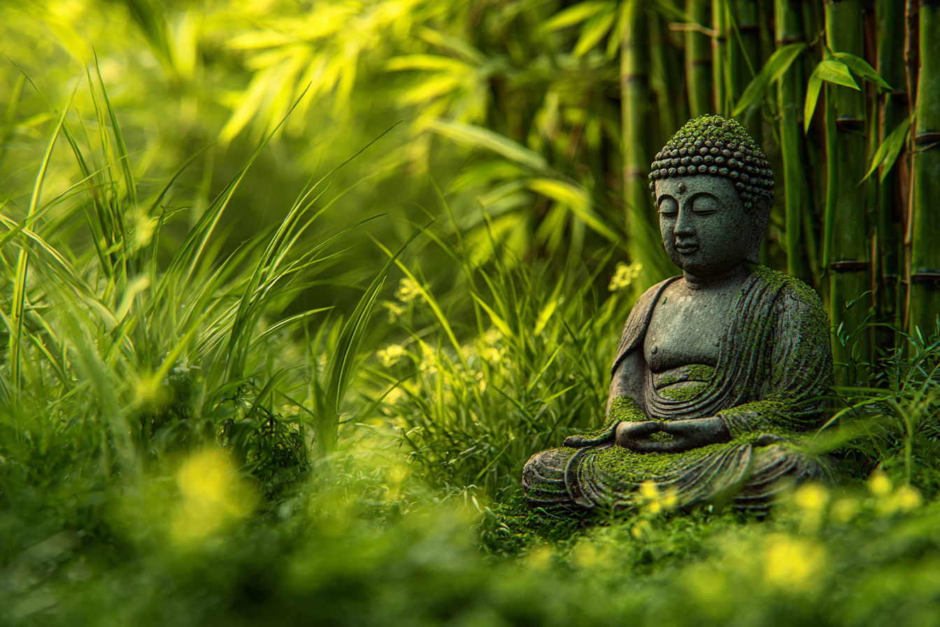 Buddha Statü In Grünem Vegetation Und Mosig Jährig | Spirituelle Motive und Buddha | Menschen und Emotionen