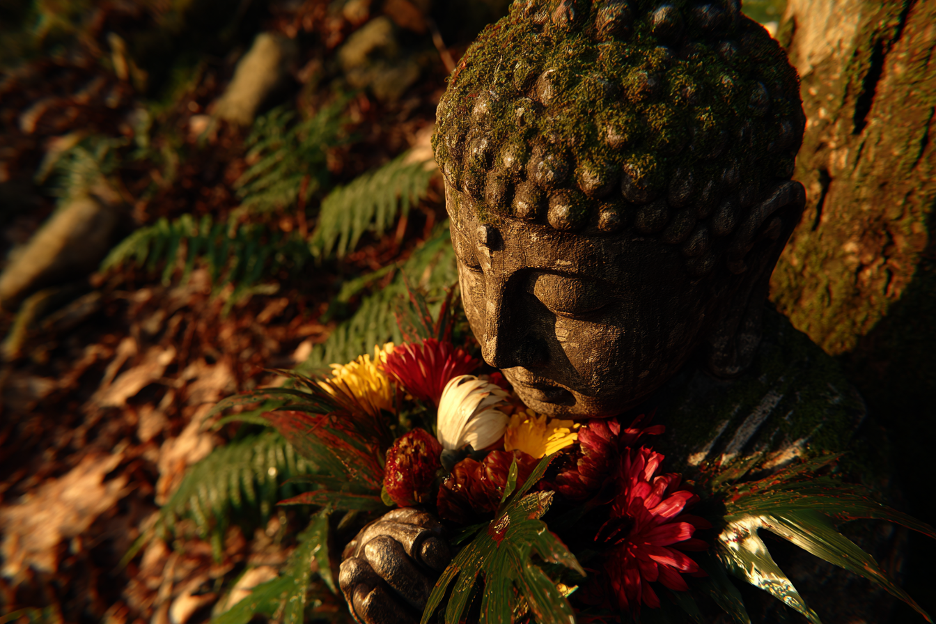 Buddha Statü Mit Blumen Umgeben Von Natur | Spirituelle Motive und Buddha | Menschen und Emotionen