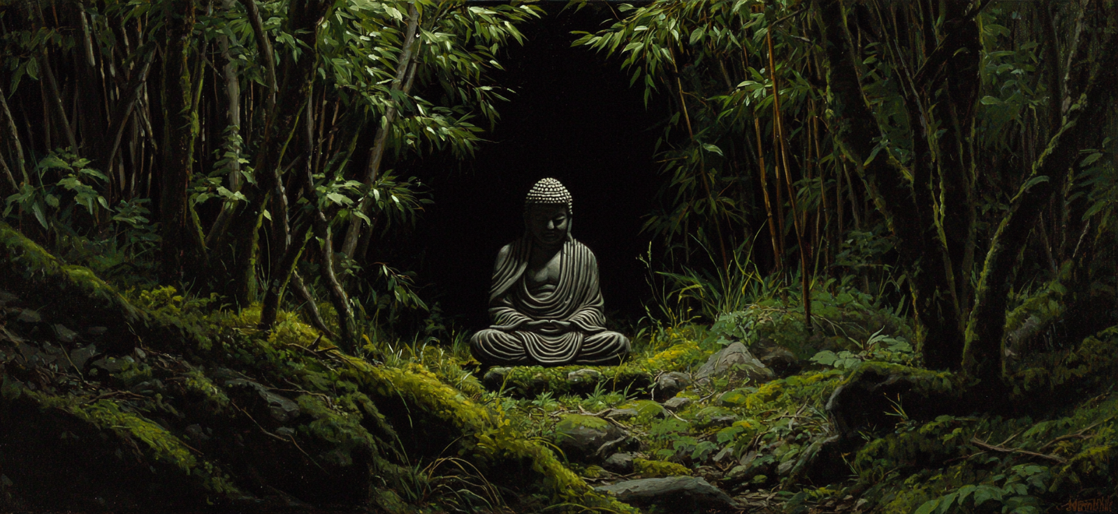 Buddha Statü Umgeben Von Grünen Bäumen Friedliche Atmosphäre | Spirituelle Motive und Buddha | Menschen und Emotionen