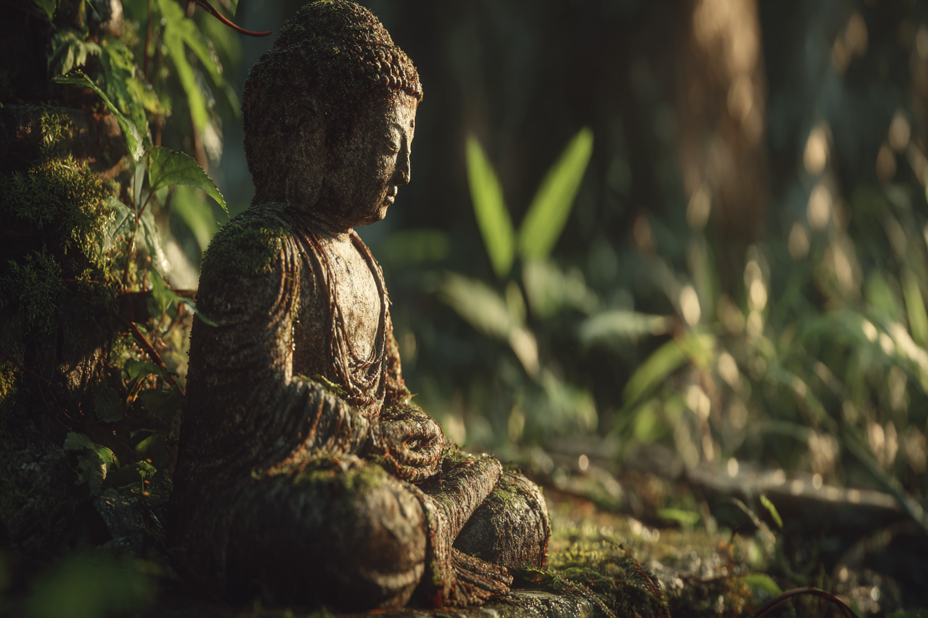 Buddhastatü Mit Moos In Natur Hintergrund Ruhe Und Frieden | Spirituelle Motive und Buddha | Menschen und Emotionen