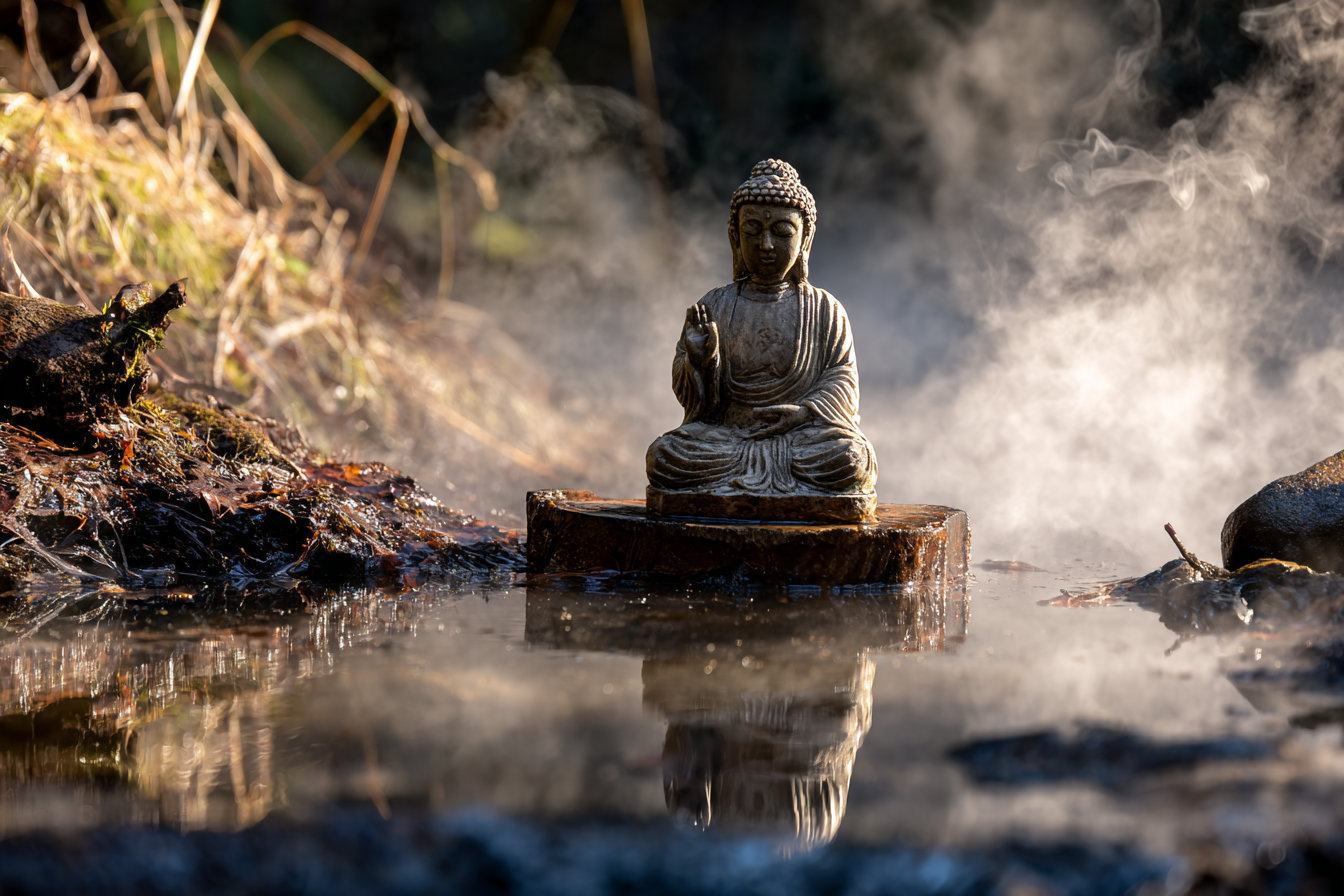 Statü Sitzende Figur Ruhe Meditation Angelegt An Steine Im Wasser Mist Naturlandschaft | Spirituelle Motive und Buddha | Menschen und Emotionen