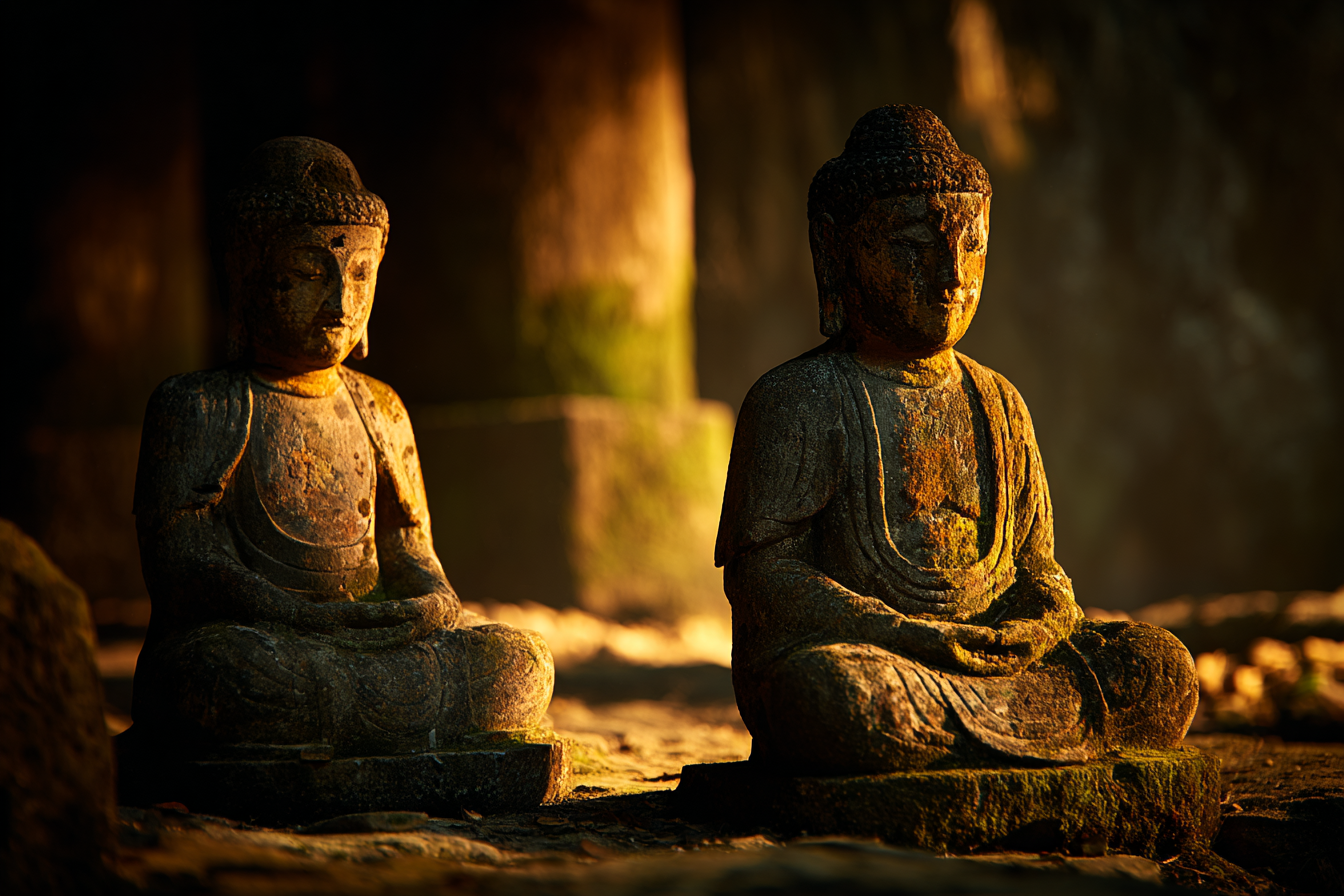 Wettergegerbte Statün Von Buddhistischen Figuren In Ruhiger Umgebung | Spirituelle Motive und Buddha | Menschen und Emotionen