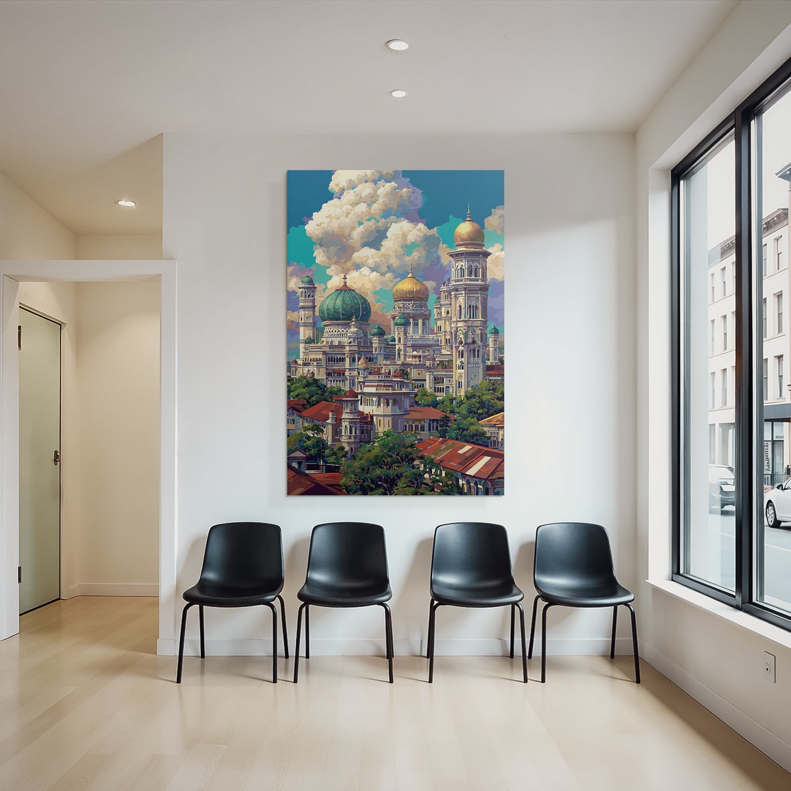 Bunte Stilisierte Architektur Szene Mit Kuppeln Und Türme