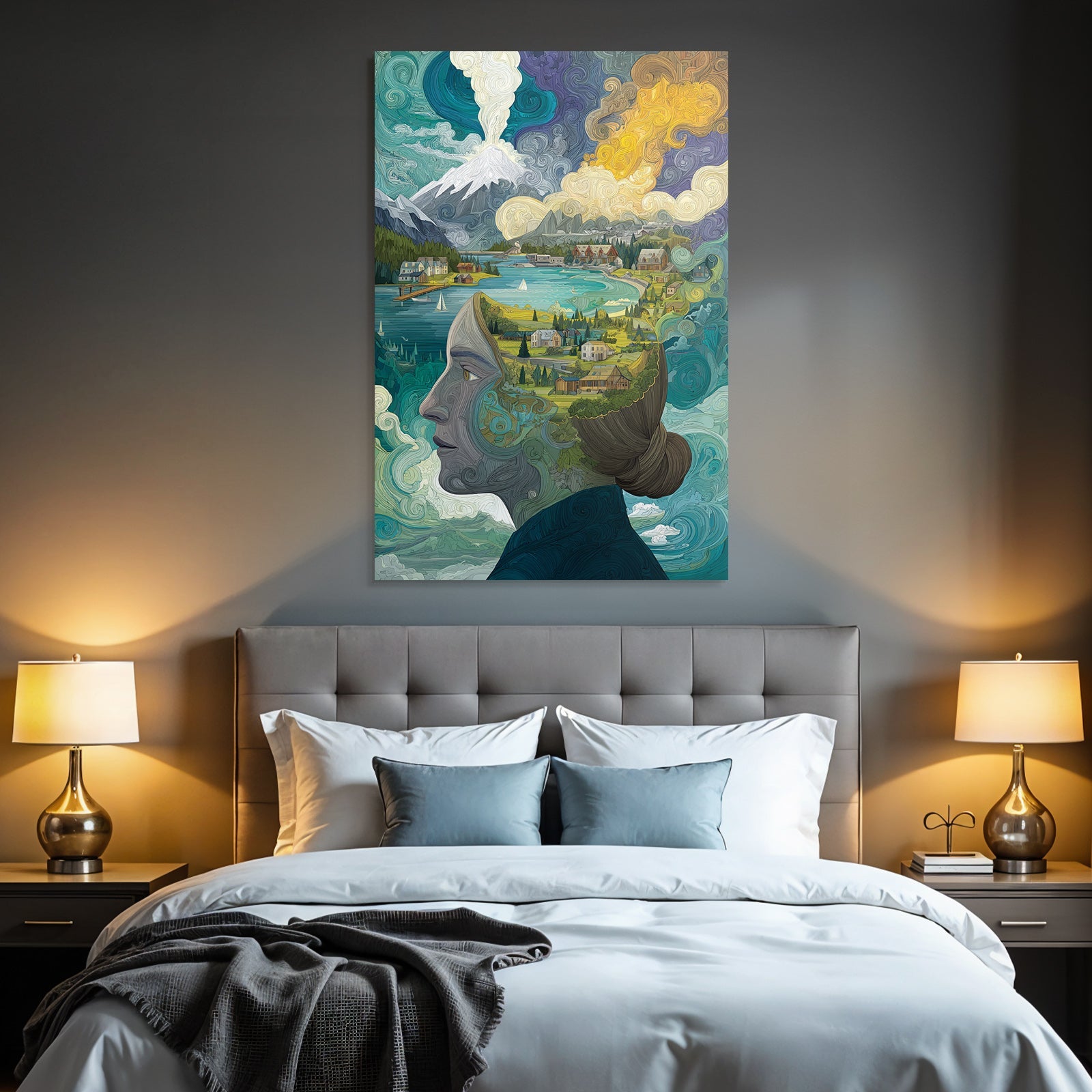Frau Mit Landschaft Im Kopf Kreativität Und Natur Verbindung