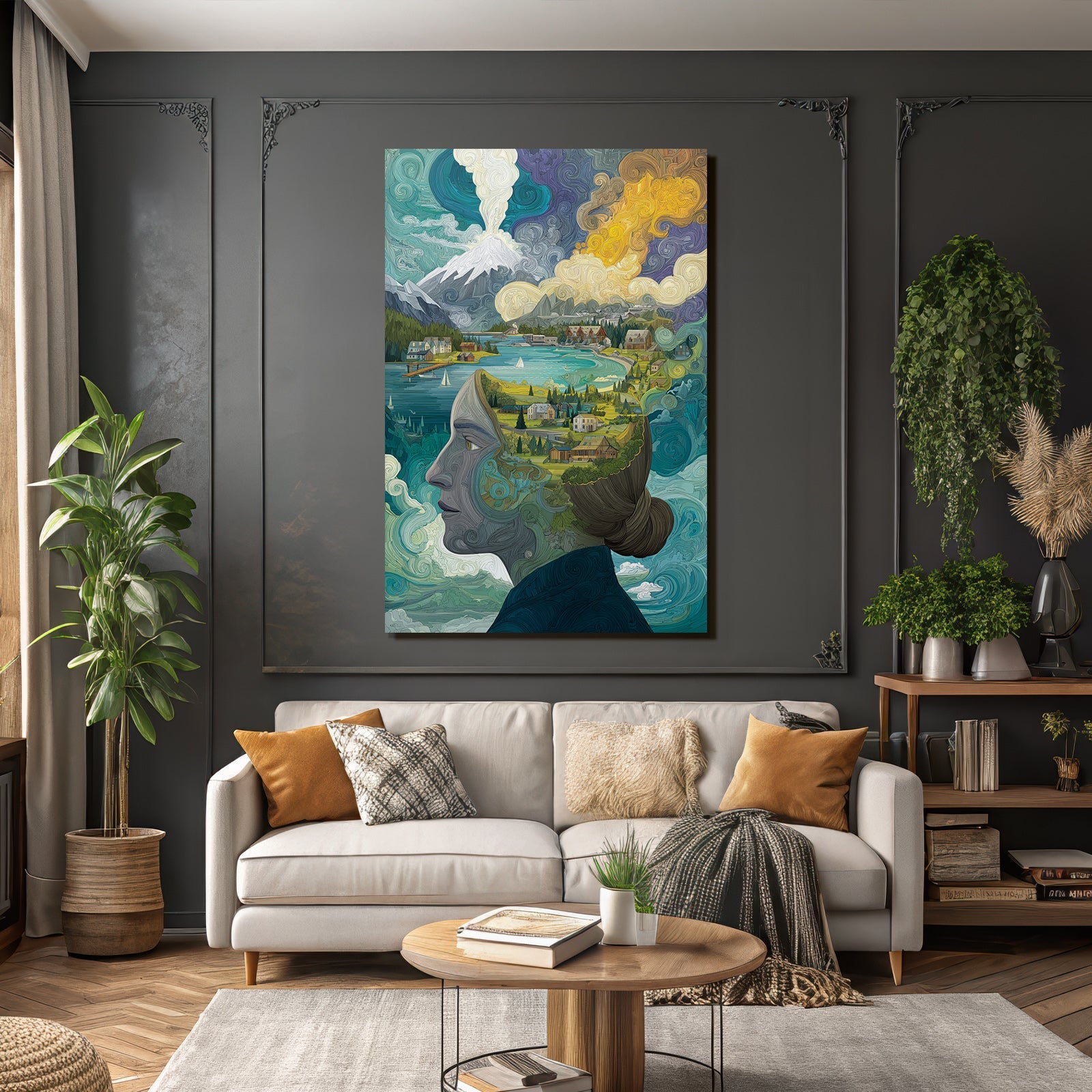 Frau Mit Landschaft Im Kopf Kreativität Und Natur Verbindung