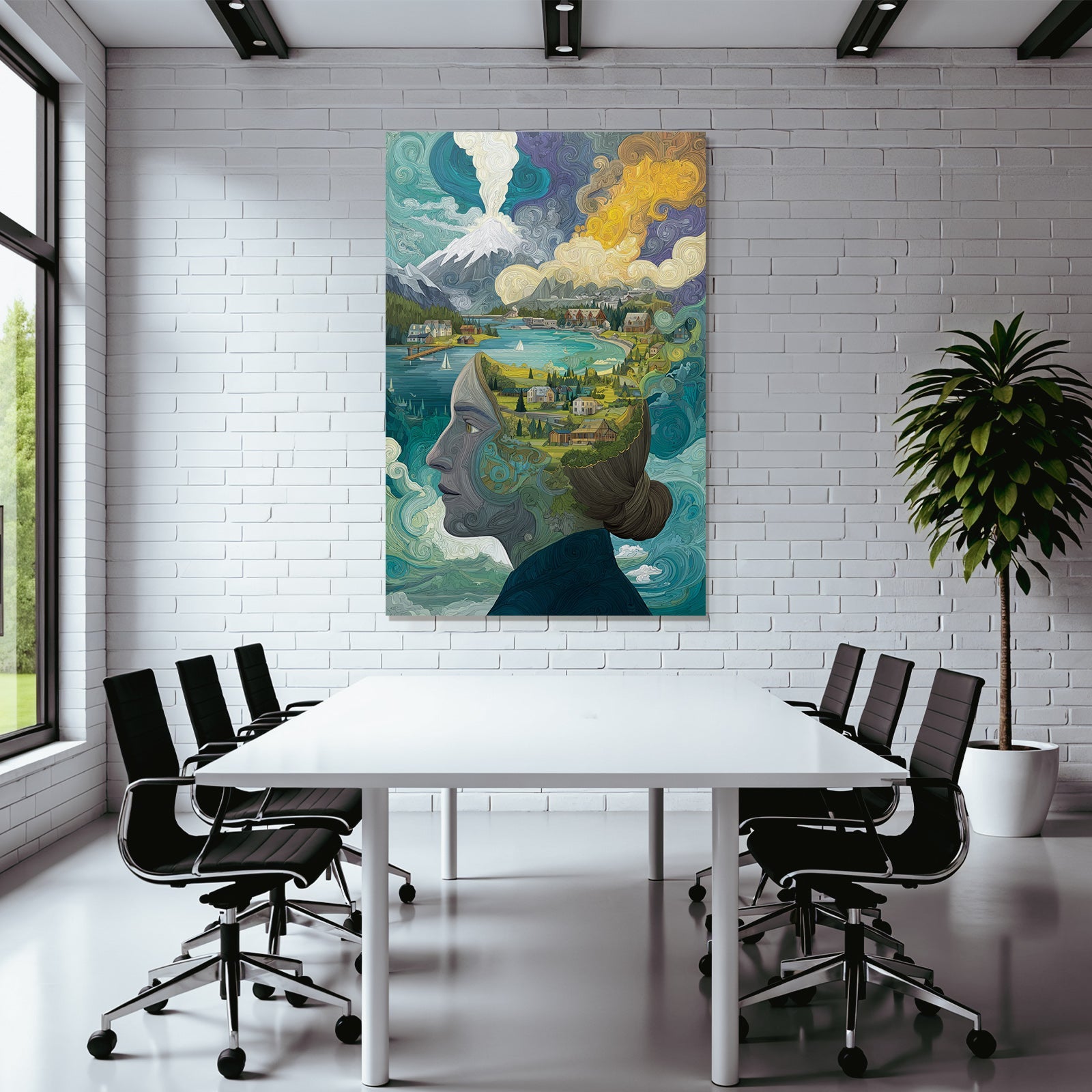 Frau Mit Landschaft Im Kopf Kreativität Und Natur Verbindung