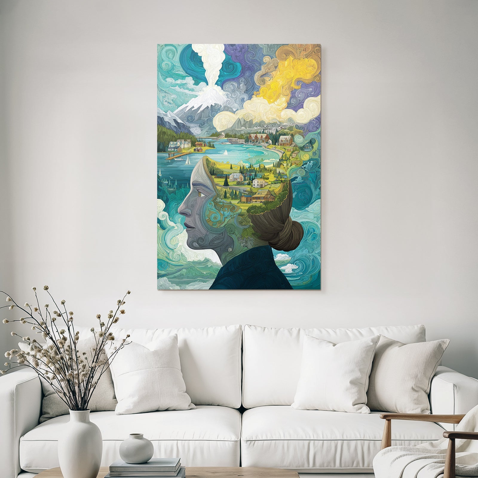 Frau Mit Landschaft Im Kopf Kreativität Und Natur Verbindung