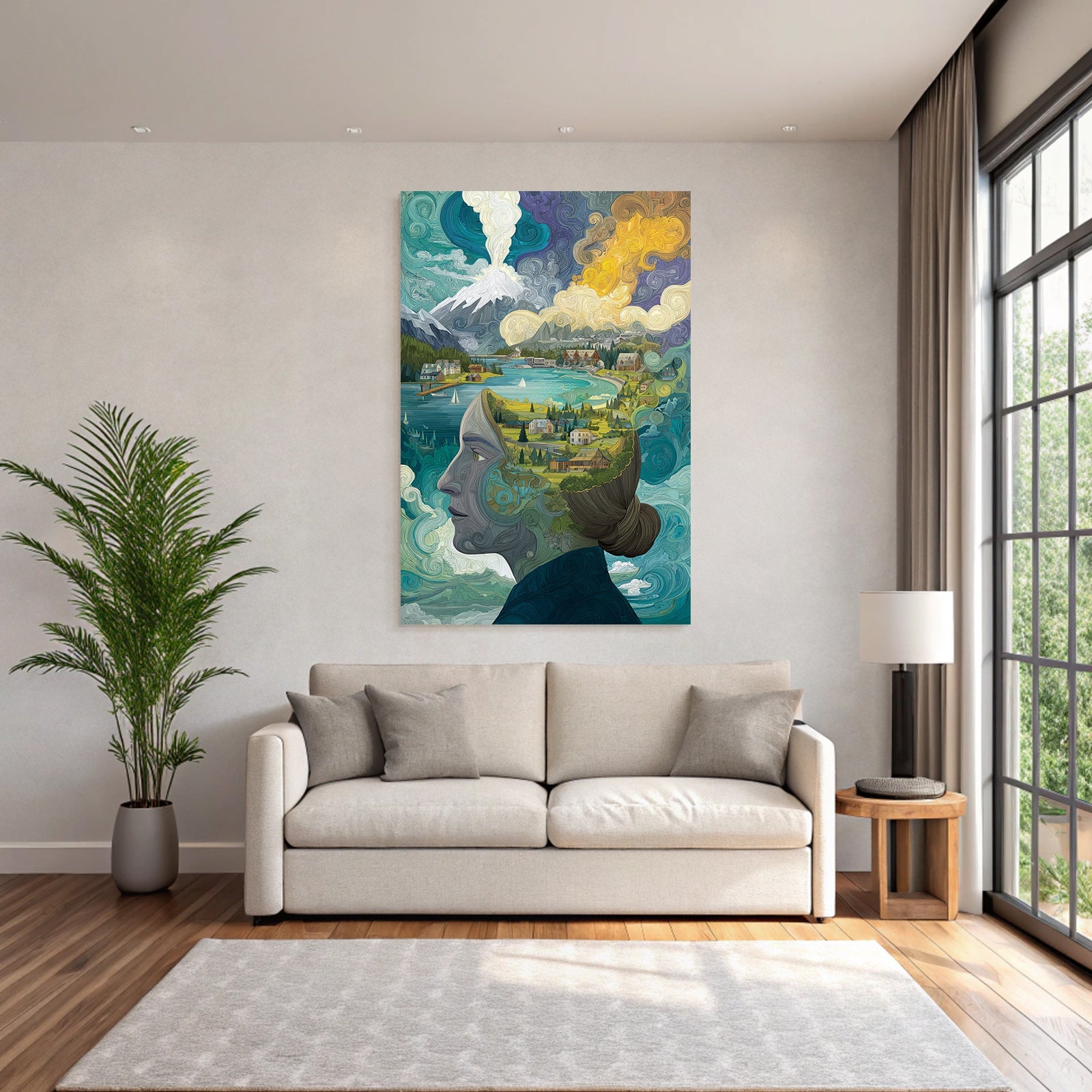 Frau Mit Landschaft Im Kopf Kreativität Und Natur Verbindung