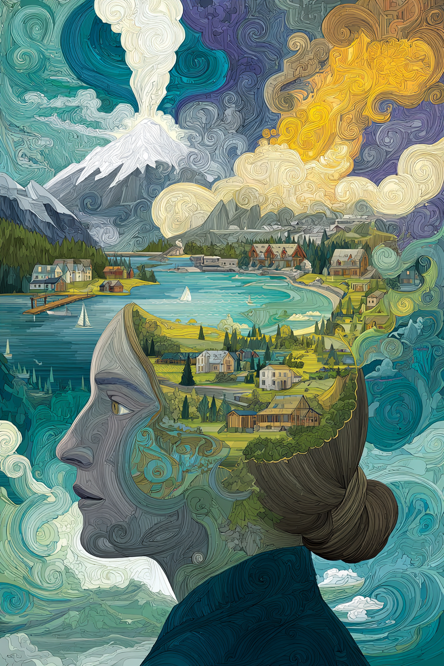 Frau Mit Landschaft Im Kopf Kreativität Und Natur Verbindung | Tattoo Aesthetik | Menschen und Emotionen