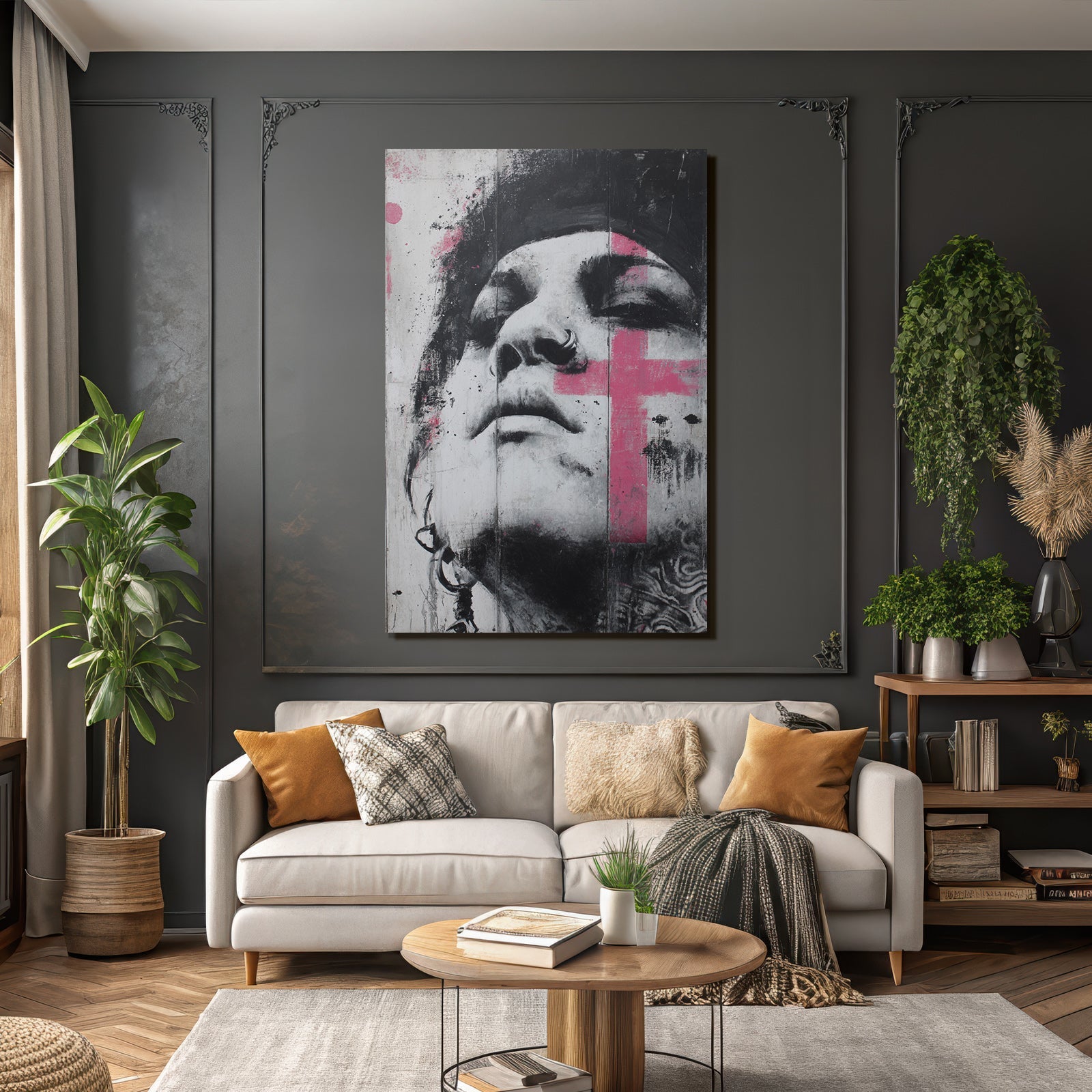 Nahaufnahme Des Gesichts Mit Rosa Farbspritzern Monochromatisch