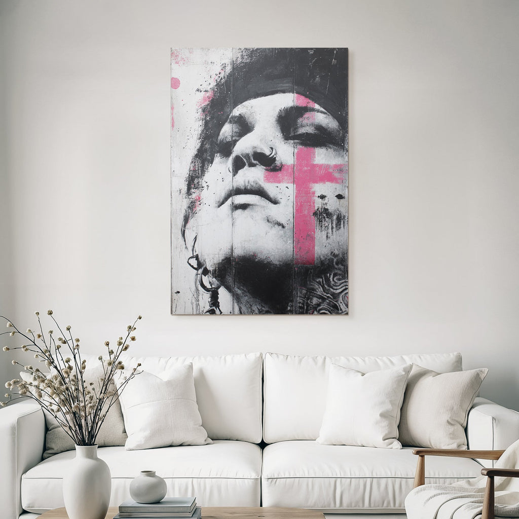 Nahaufnahme Des Gesichts Mit Rosa Farbspritzern Monochromatisch