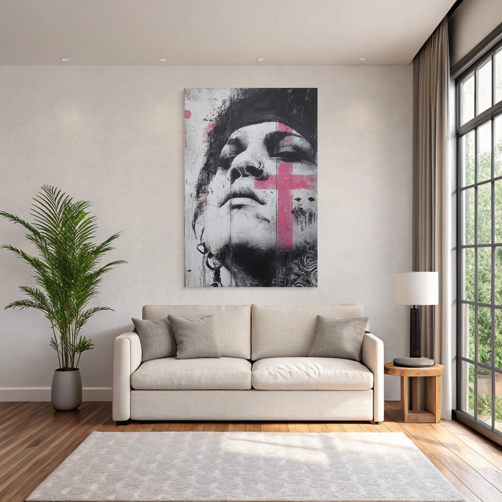 Nahaufnahme Des Gesichts Mit Rosa Farbspritzern Monochromatisch