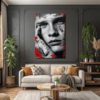 Naheaufnahme Portrait Junger Mensch Kunst Rot Schwarz Weise Texturen Tattoos