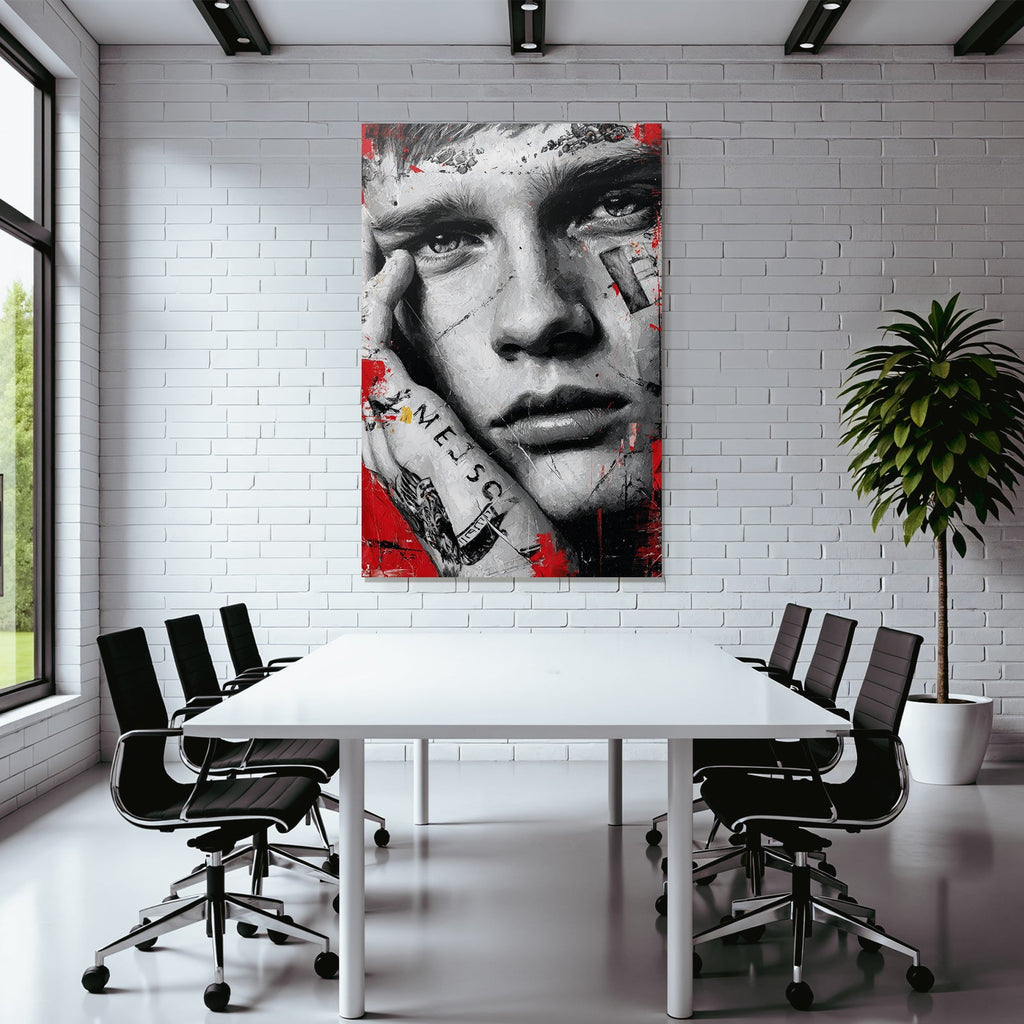Naheaufnahme Portrait Junger Mensch Kunst Rot Schwarz Weise Texturen Tattoos
