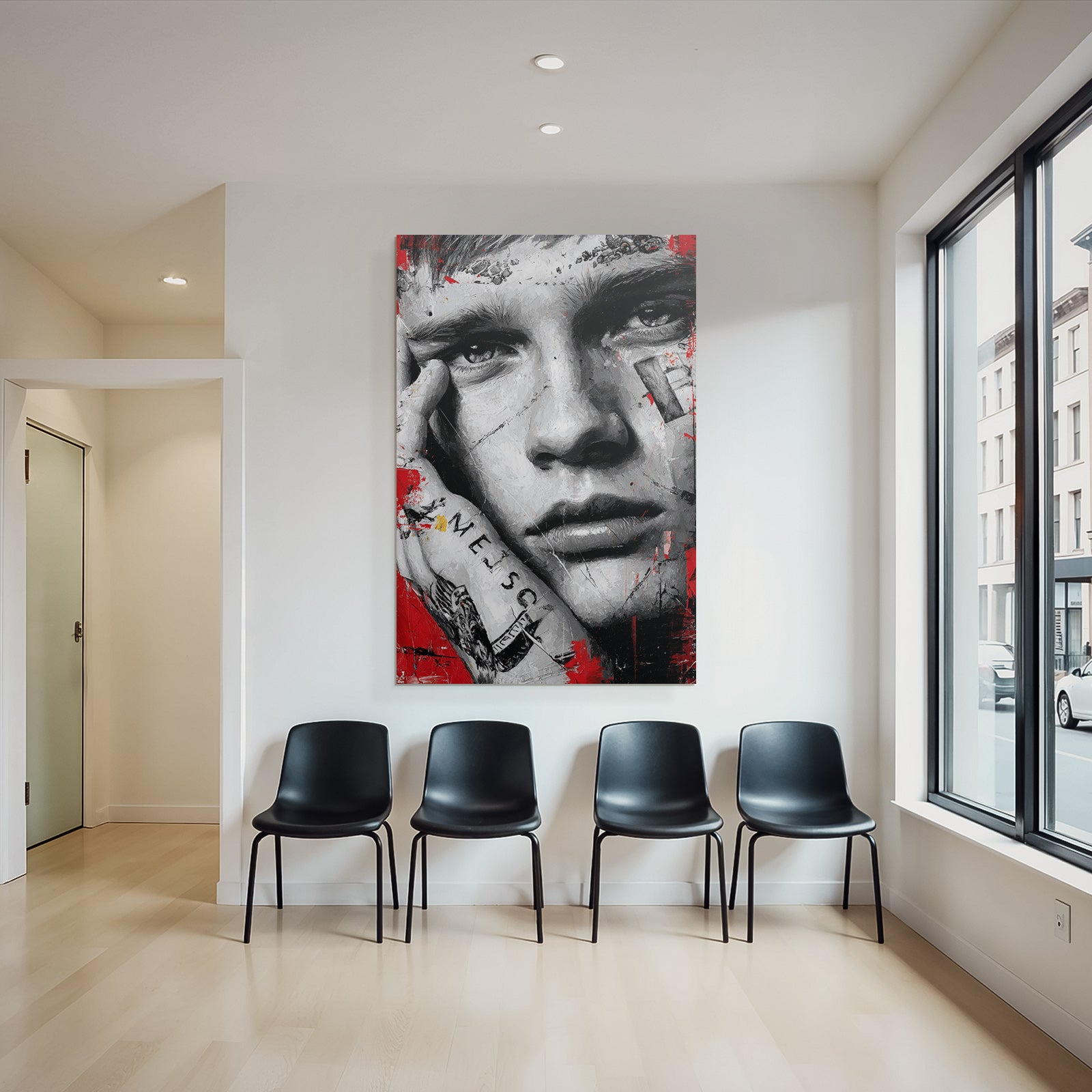 Naheaufnahme Portrait Junger Mensch Kunst Rot Schwarz Weise Texturen Tattoos