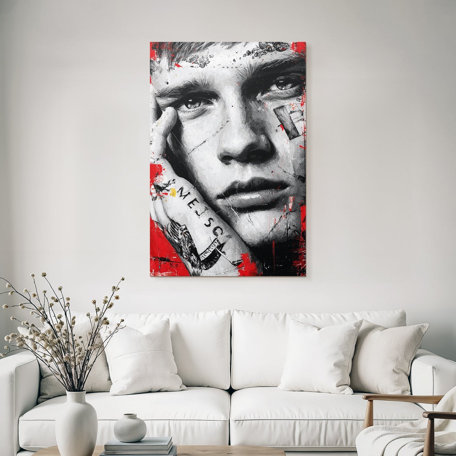 Naheaufnahme Portrait Junger Mensch Kunst Rot Schwarz Weise Texturen Tattoos