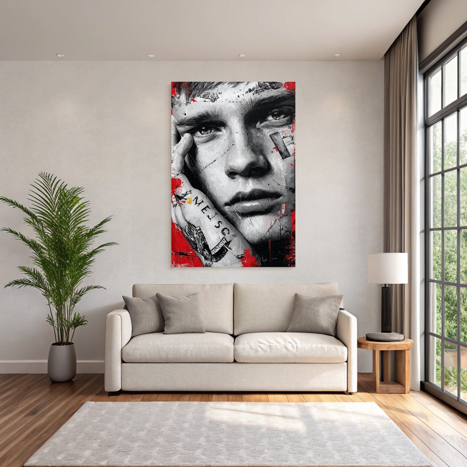 Naheaufnahme Portrait Junger Mensch Kunst Rot Schwarz Weise Texturen Tattoos