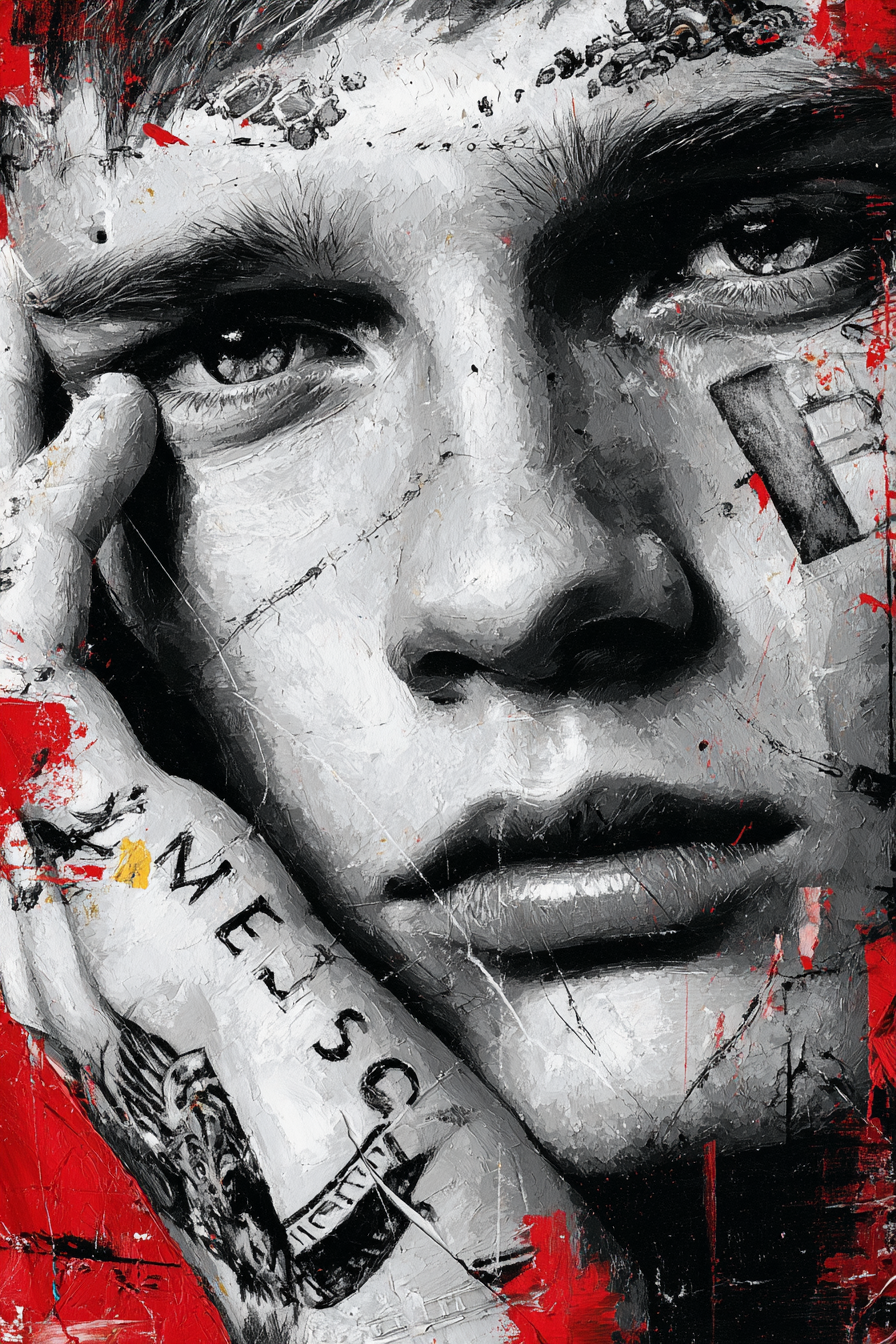 Naheaufnahme Portrait Junger Mensch Kunst Rot Schwarz Weise Texturen Tattoos | Tattoo Aesthetik | Menschen und Emotionen