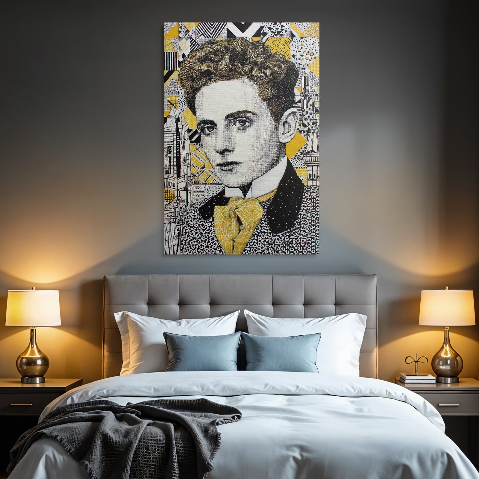 Stylisierte Portrait Eines Jungen Mannes Mit Lockigem Haar Geometrischer Hintergrund