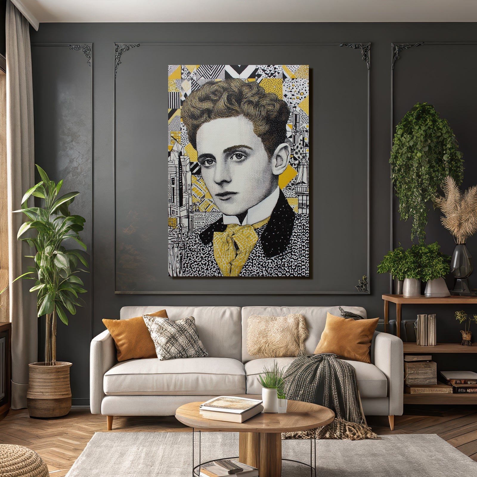 Stylisierte Portrait Eines Jungen Mannes Mit Lockigem Haar Geometrischer Hintergrund