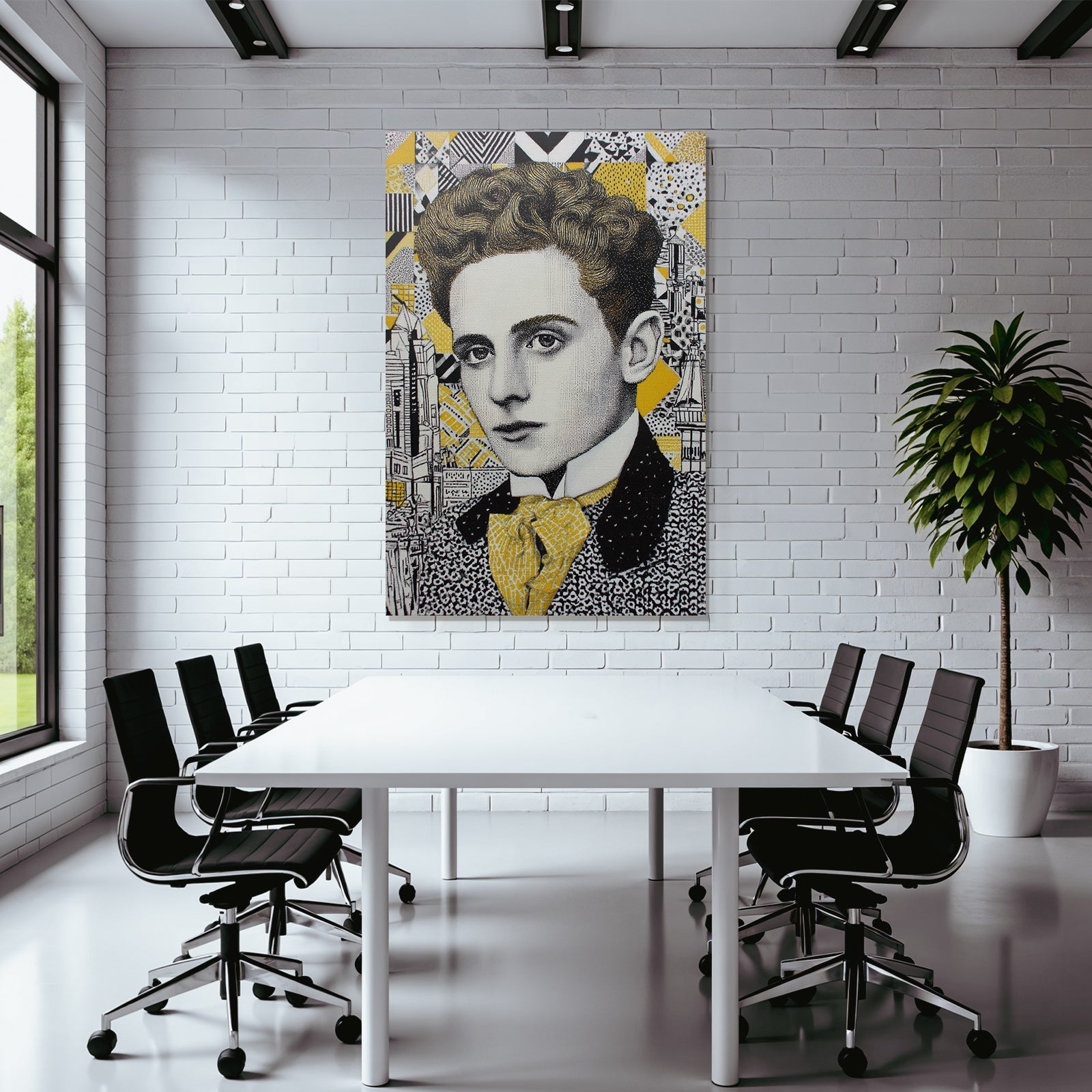 Stylisierte Portrait Eines Jungen Mannes Mit Lockigem Haar Geometrischer Hintergrund