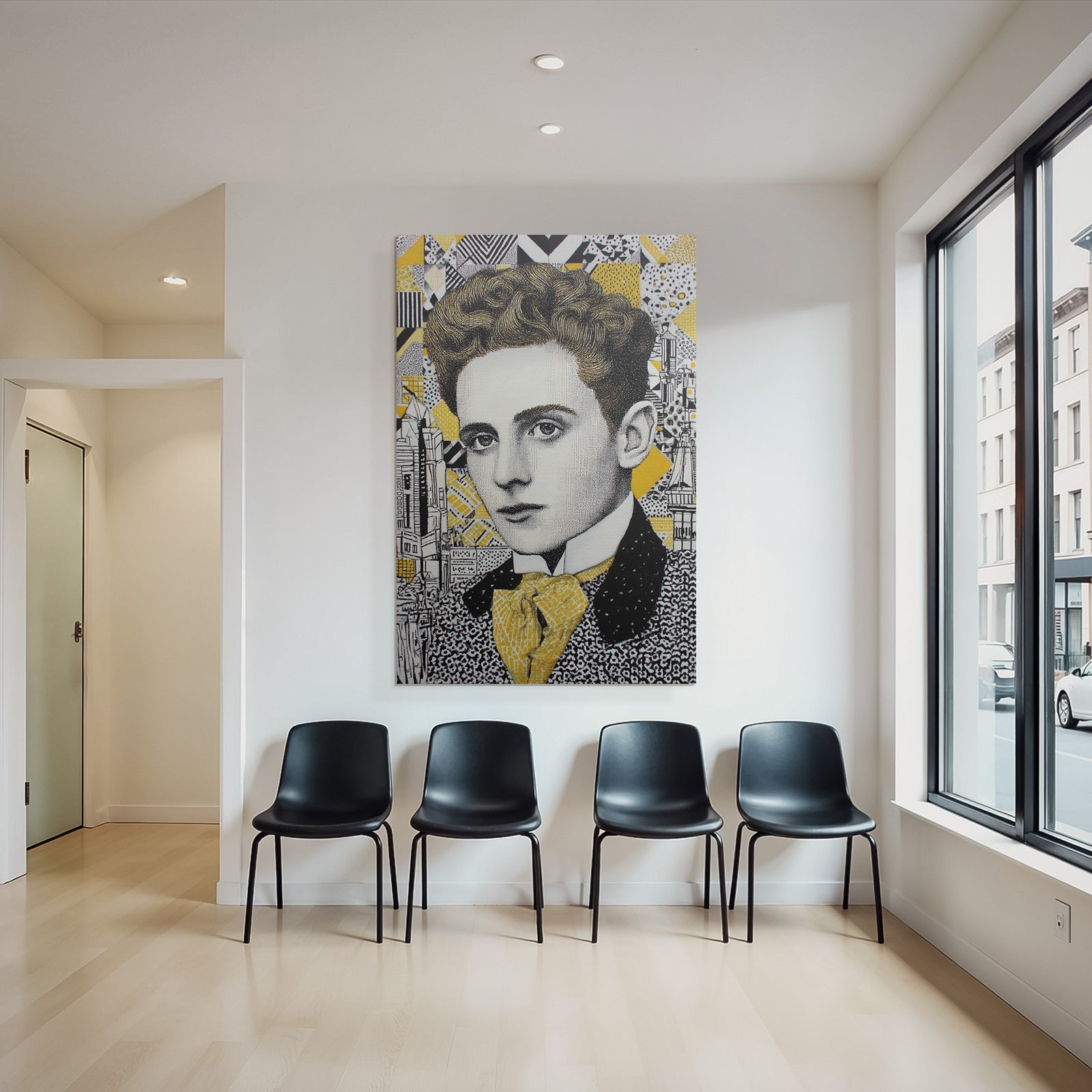 Stylisierte Portrait Eines Jungen Mannes Mit Lockigem Haar Geometrischer Hintergrund