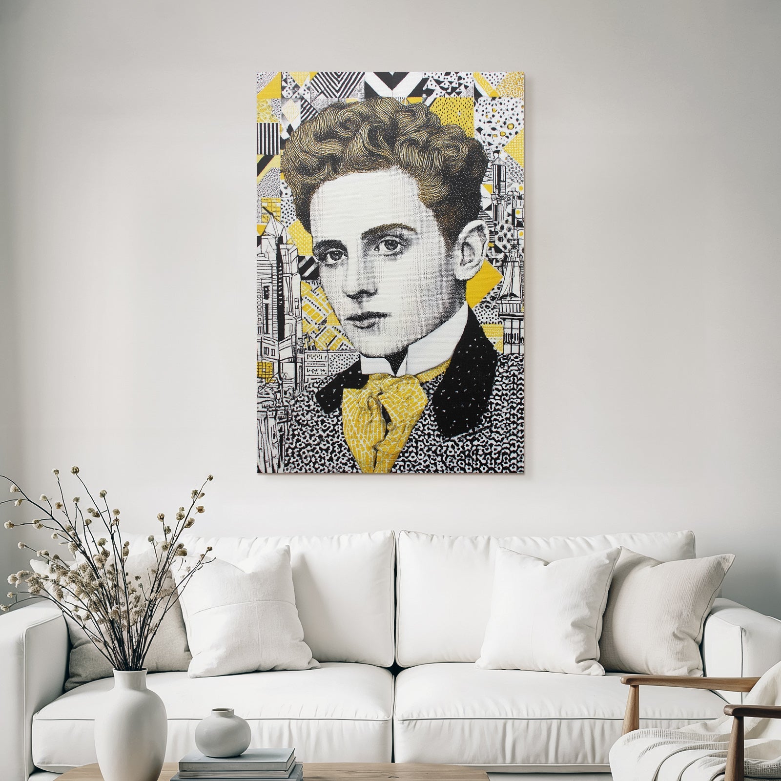 Stylisierte Portrait Eines Jungen Mannes Mit Lockigem Haar Geometrischer Hintergrund