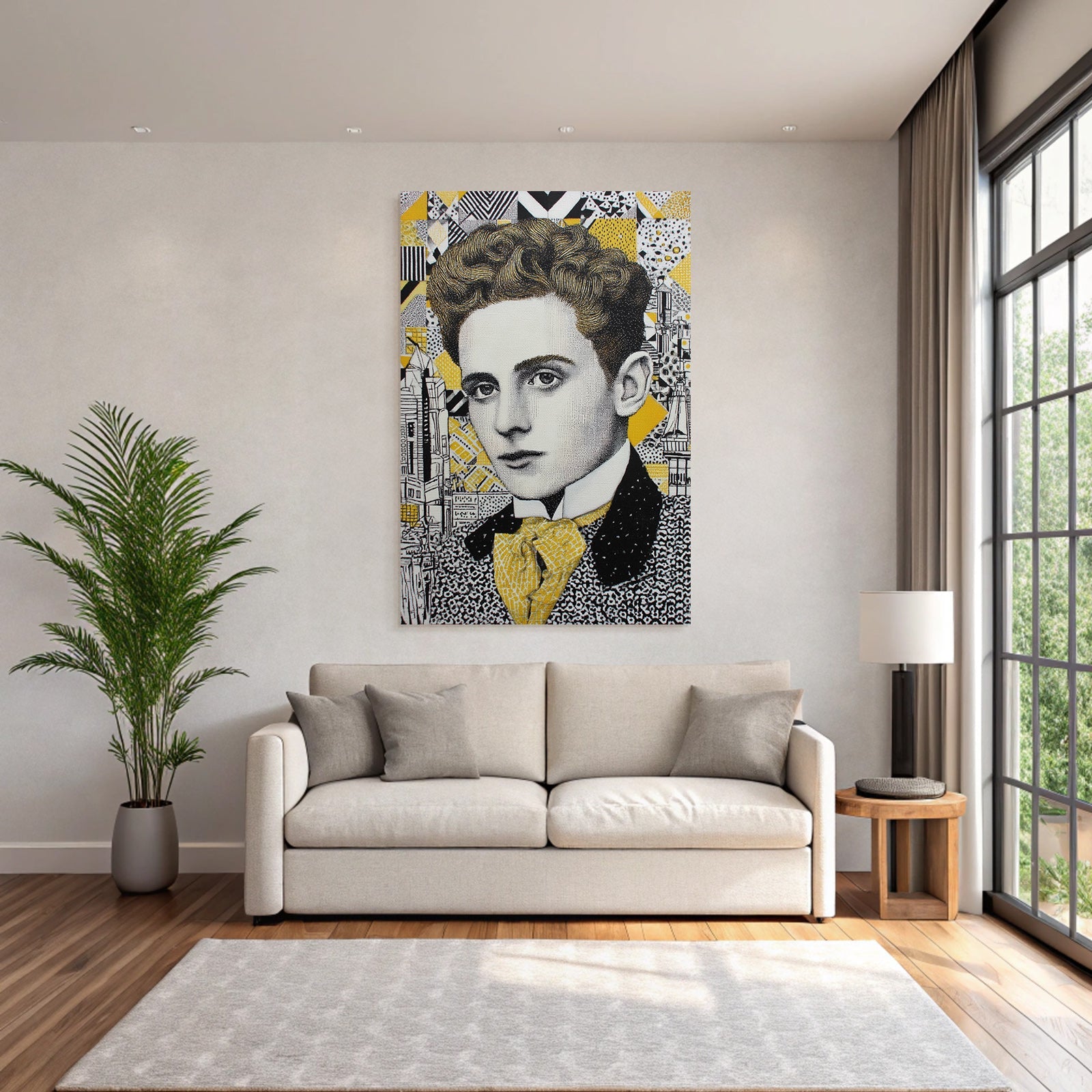 Stylisierte Portrait Eines Jungen Mannes Mit Lockigem Haar Geometrischer Hintergrund