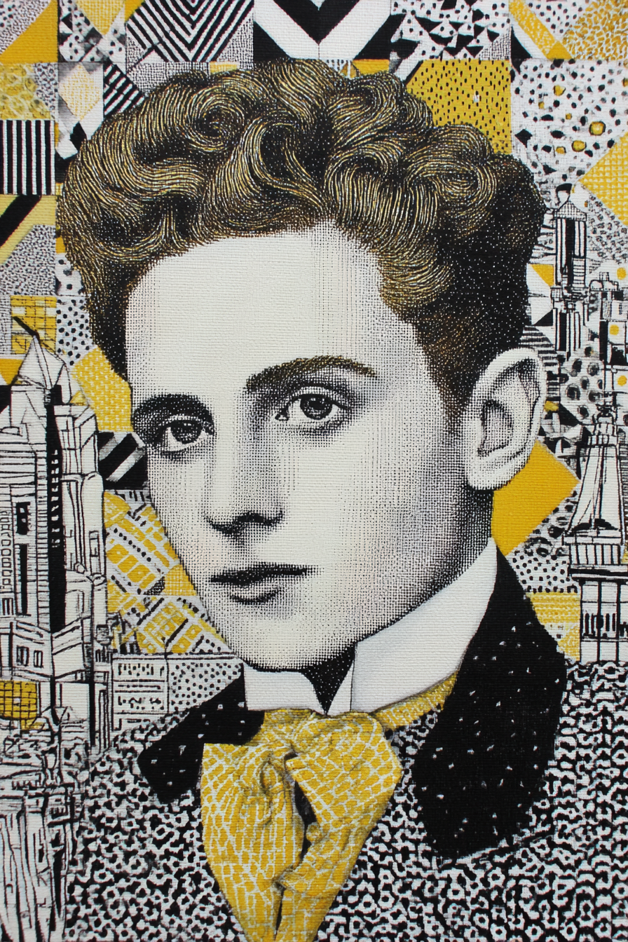 Stylisierte Portrait Eines Jungen Mannes Mit Lockigem Haar Geometrischer Hintergrund | Tattoo Aesthetik | Menschen und Emotionen