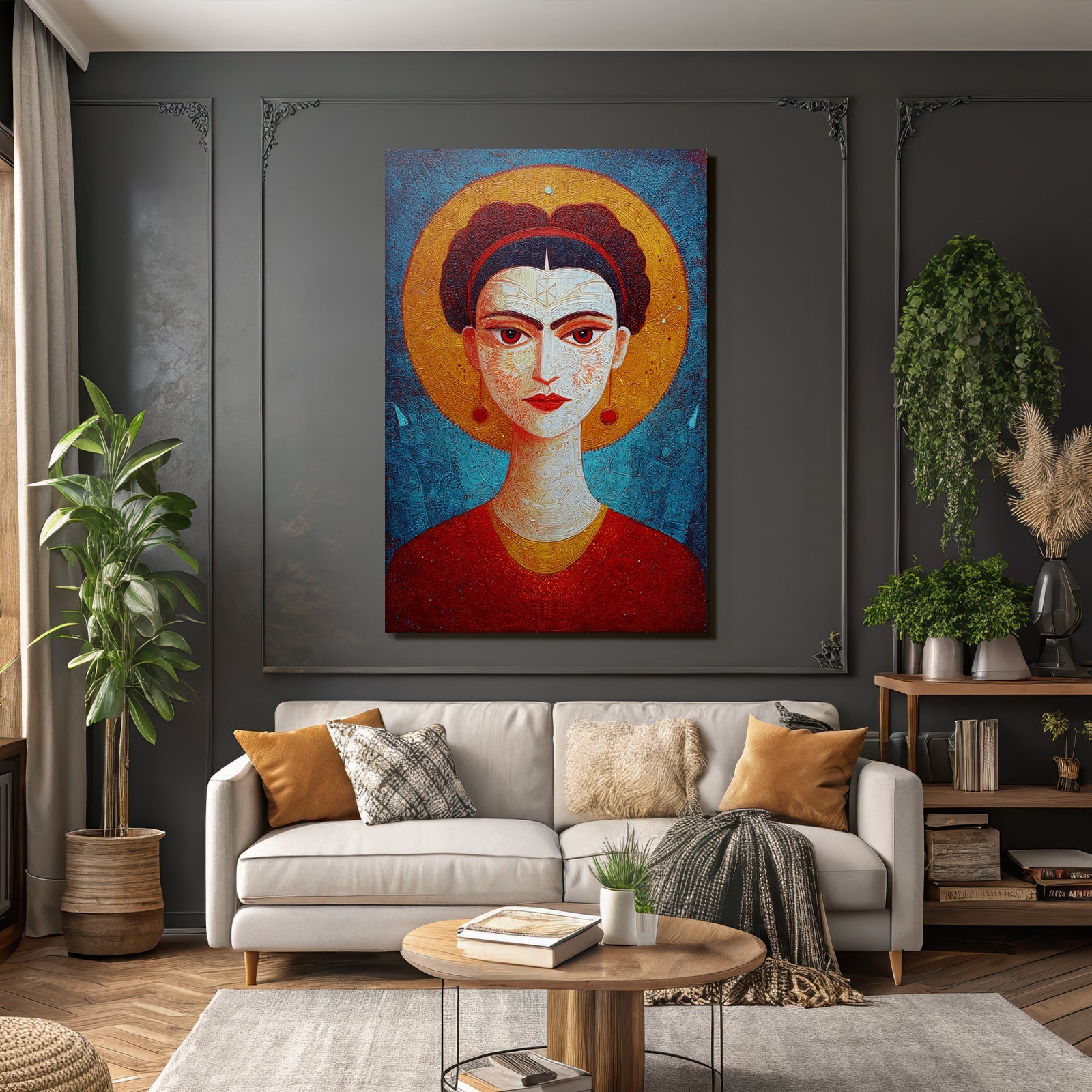 Stylisiertes Portrait Einer Frau Mit Dunklem Haar Und Roten Akzenten