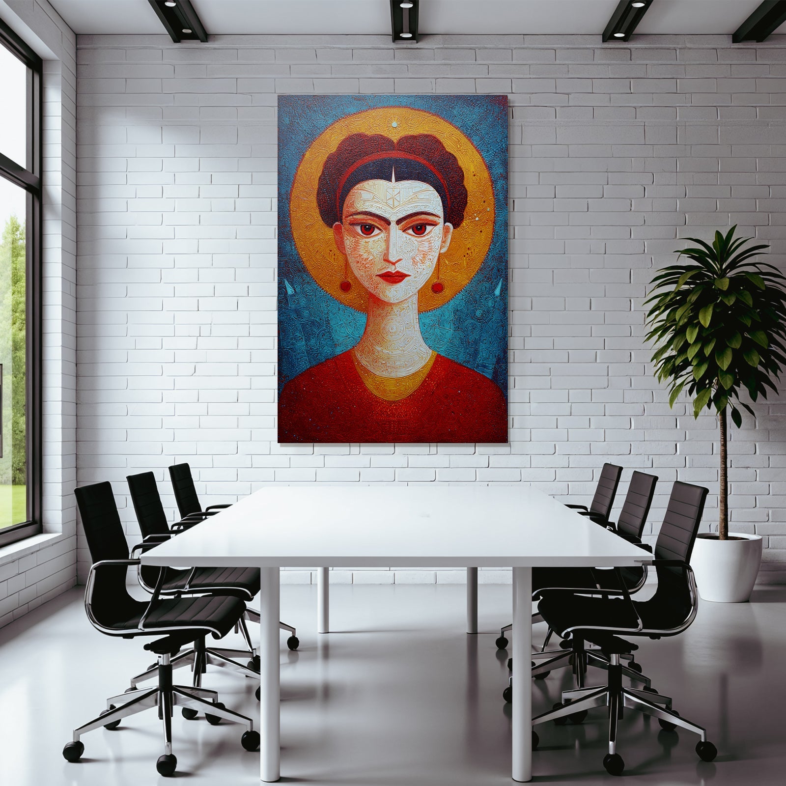 Stylisiertes Portrait Einer Frau Mit Dunklem Haar Und Roten Akzenten