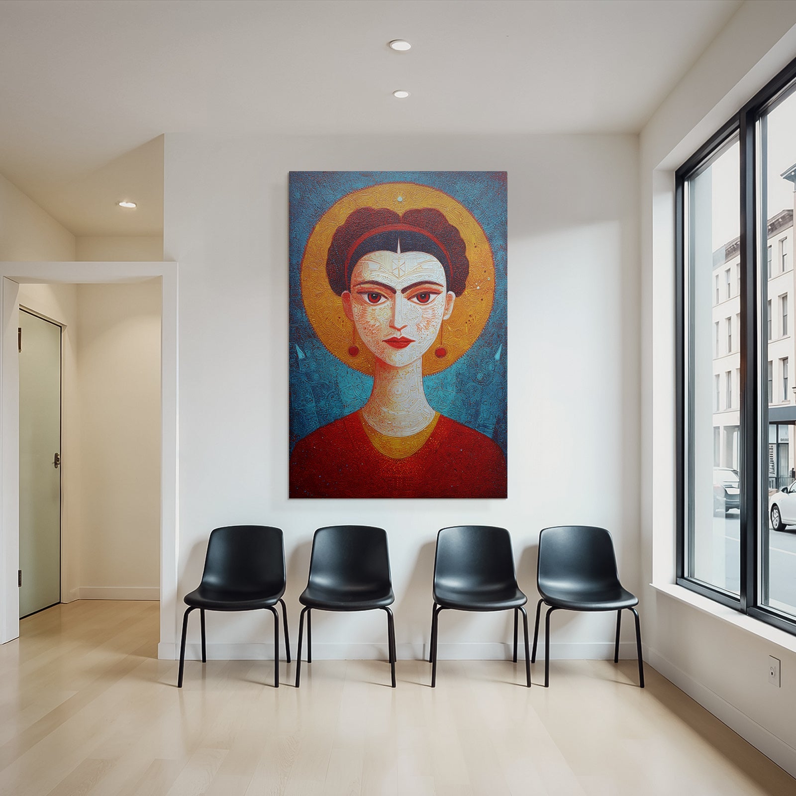 Stylisiertes Portrait Einer Frau Mit Dunklem Haar Und Roten Akzenten