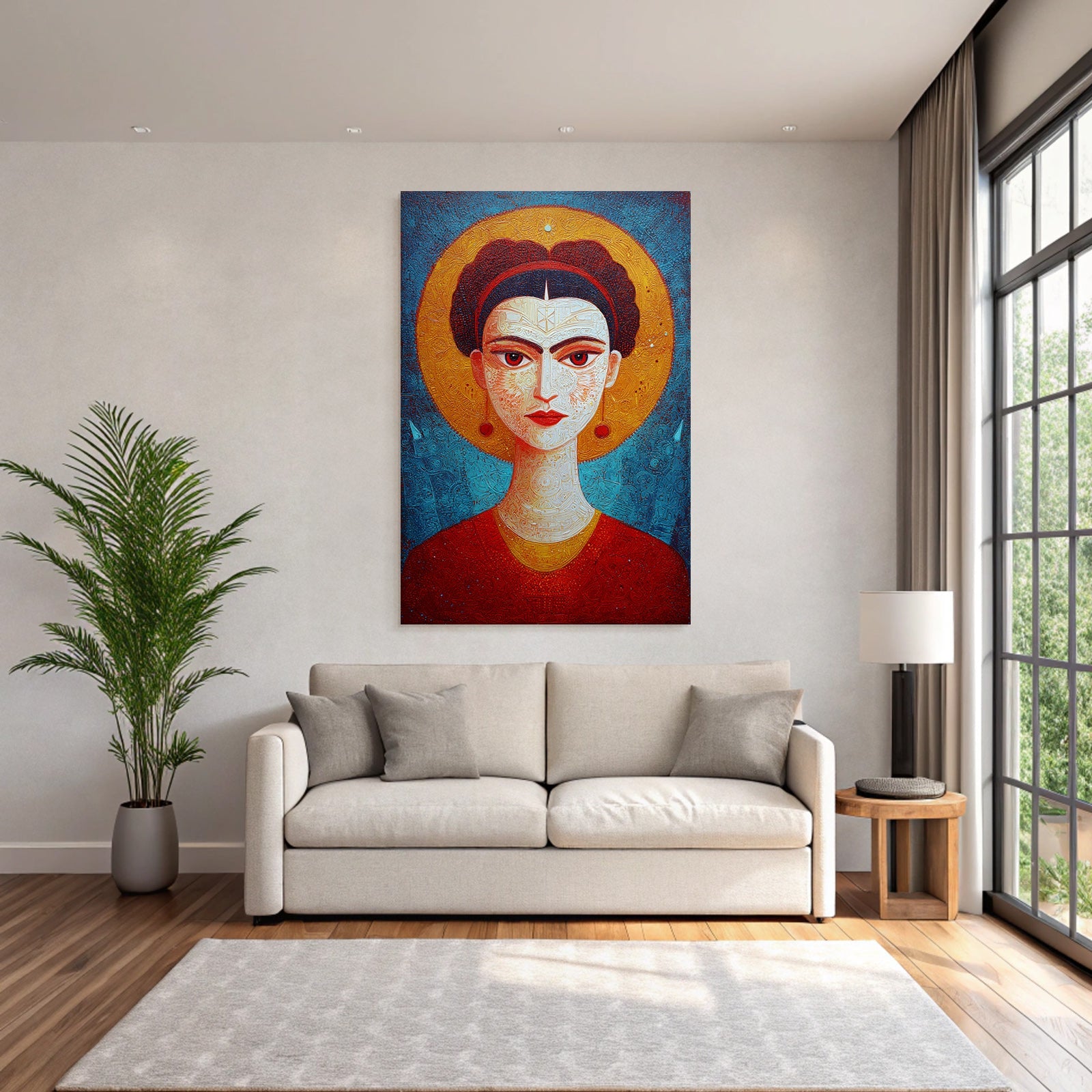 Stylisiertes Portrait Einer Frau Mit Dunklem Haar Und Roten Akzenten