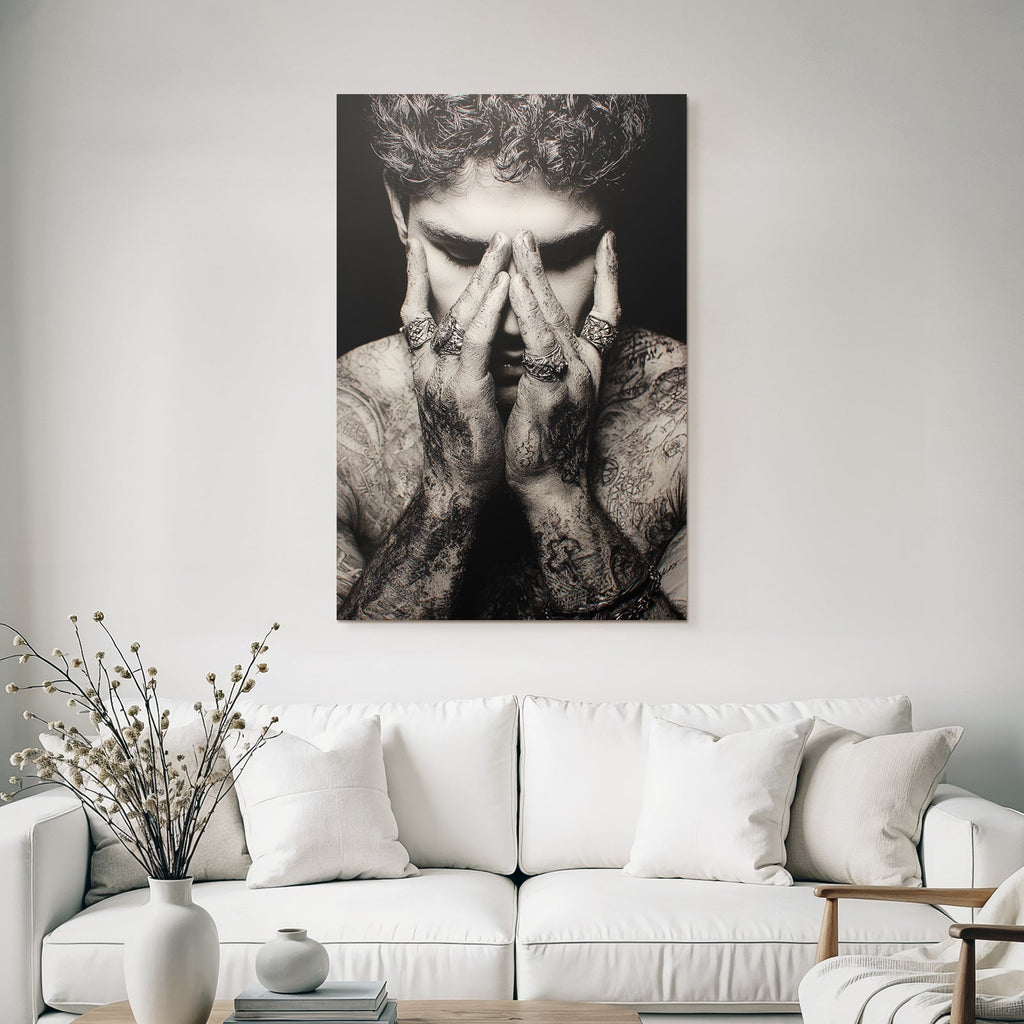 Tattooed Person Hands In Front Of Face Introspective Black And White