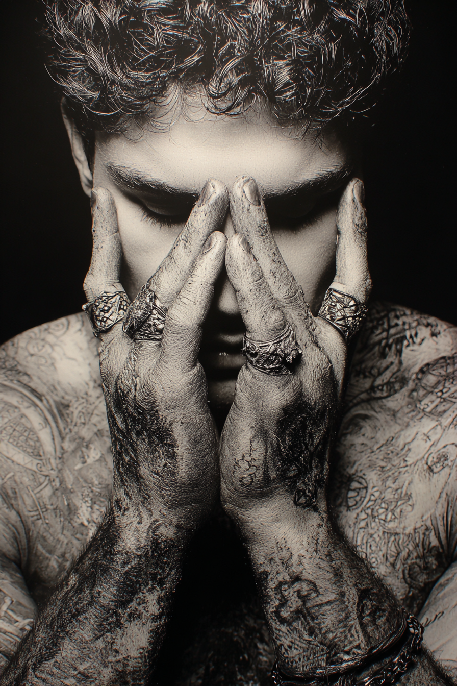 Tatowierte Person Hände Vor Dem Gesicht Introspektiv Schwarz Weiss | Tattoo Aesthetik | Menschen und Emotionen