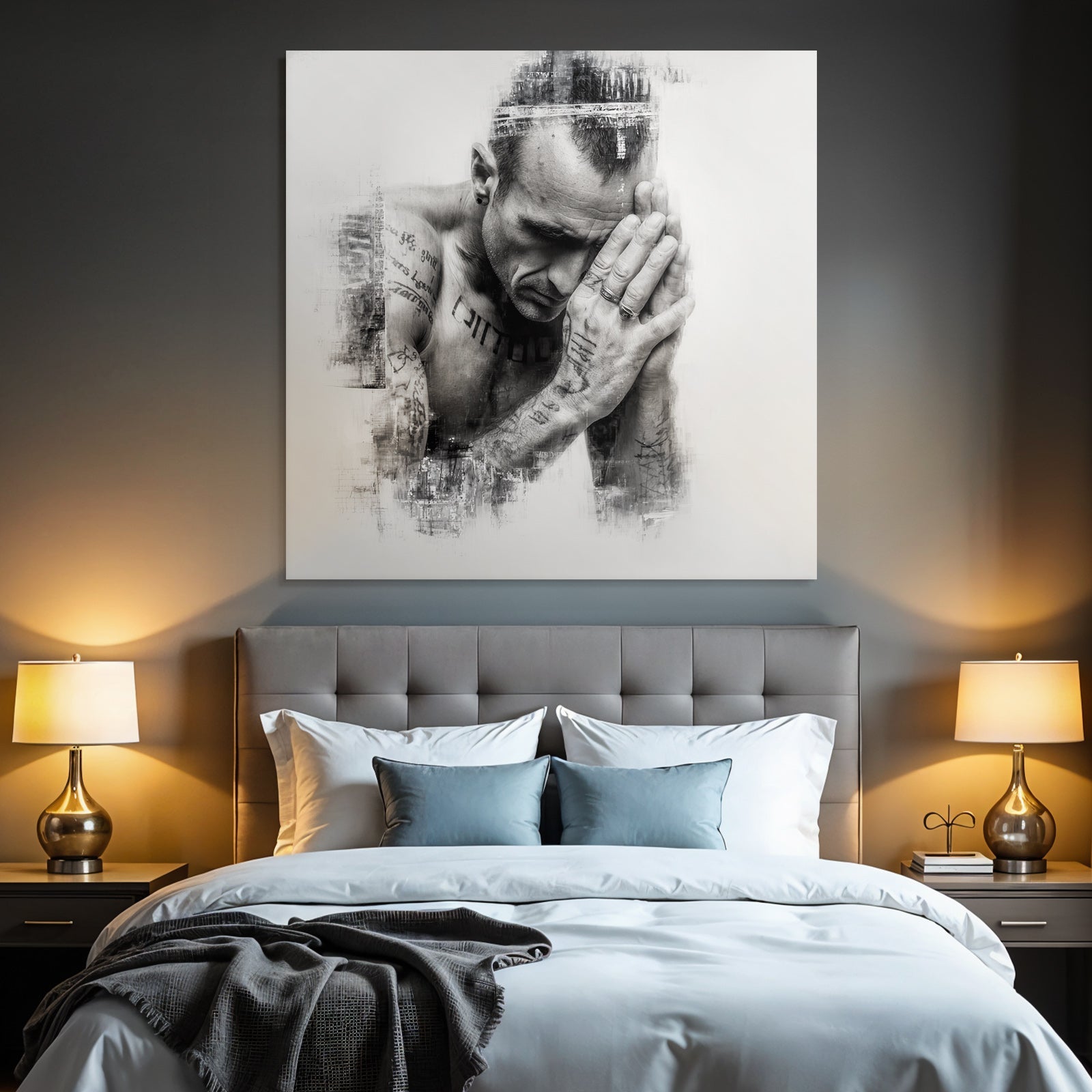 Man Mit Tattoos Nachdenklich Kontemplativ Schwarz Weiss